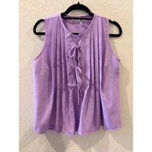 2 Hearts Lilac Purple Sleeveless Front Tie Pleated Blouse Top Size M